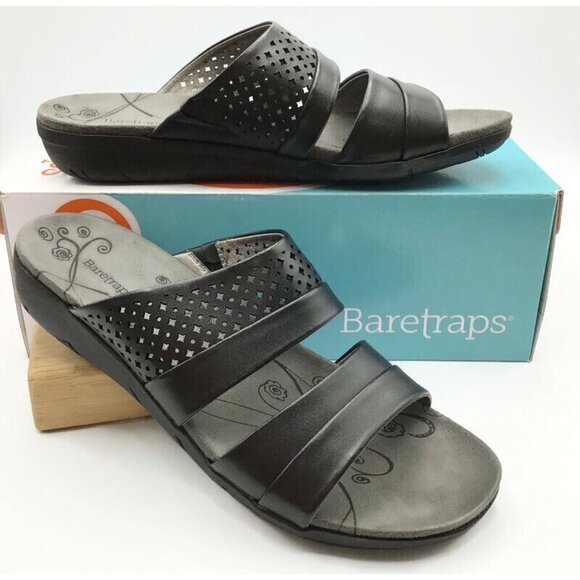 Baretraps Jimina Sandals Womens 9 Black Comfort Flat Slides Slip On Open Toe - Picture 1 of 9